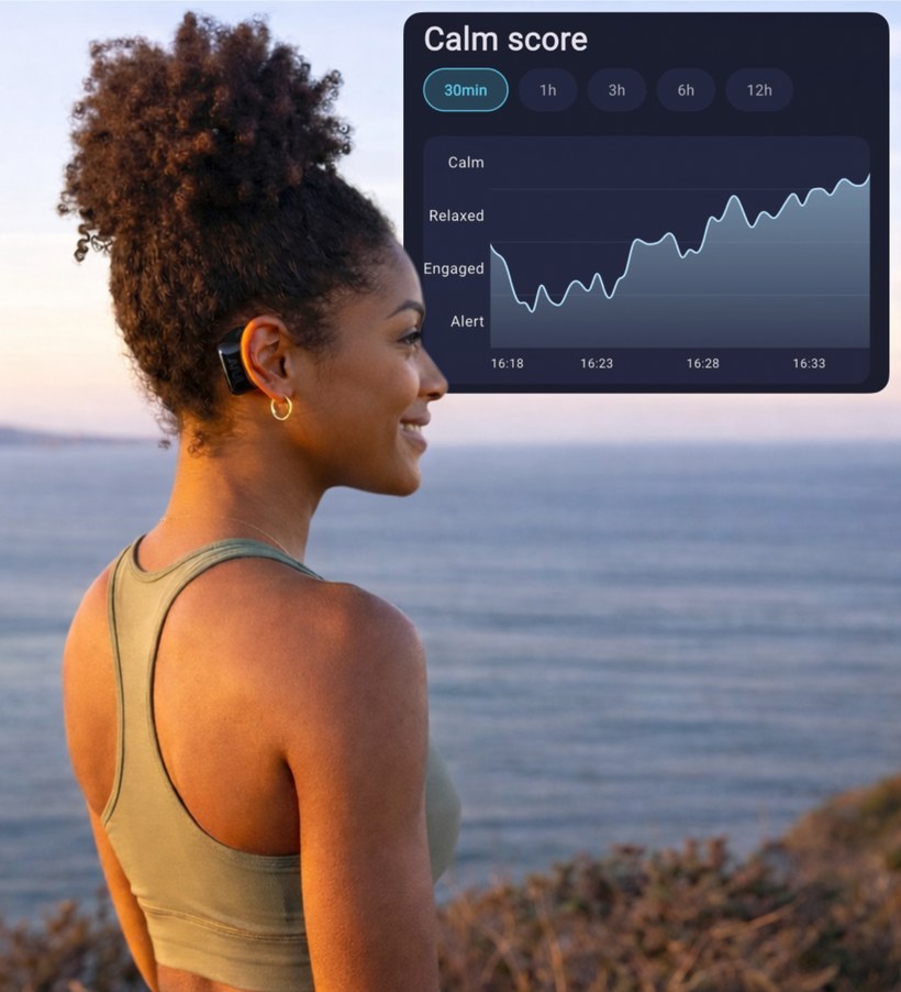 Woman by the ocean at sunset, the AWEAR app showing her live calm-score graph, device behind her ear
