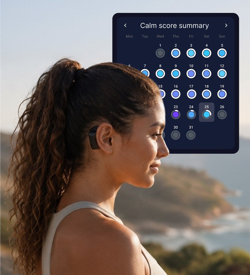 The AWEAR app's monthly Calm Score summary, woman by the ocean wearing the device